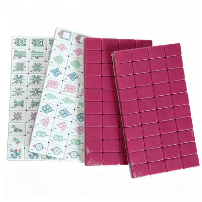 American Mahjong Set by USA Mahjong Co. with 160 weighted acrylic tiles featuring magenta, grey-blue backs.
