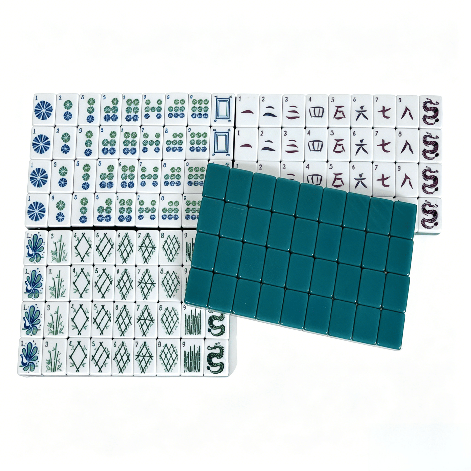 Luxury American Mahjong Set with 160 crylic tiles in midnight teal and floral designs, featuring quad-layer gradient backs.
