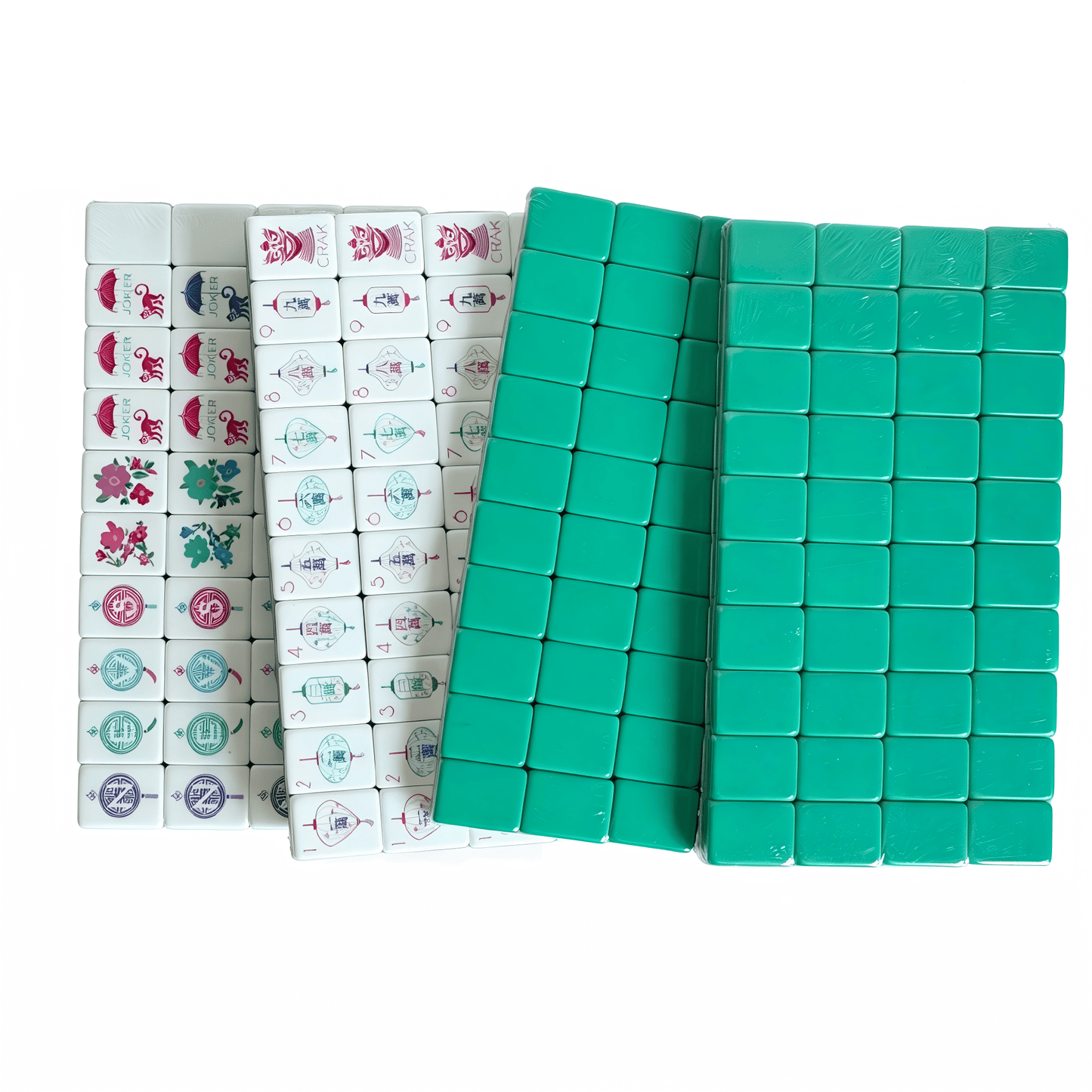 American Mahjong Set by USA Mahjong Co. featuring 160 teal-backed weighted tiles and monkey jokers in deep blue-green colors.