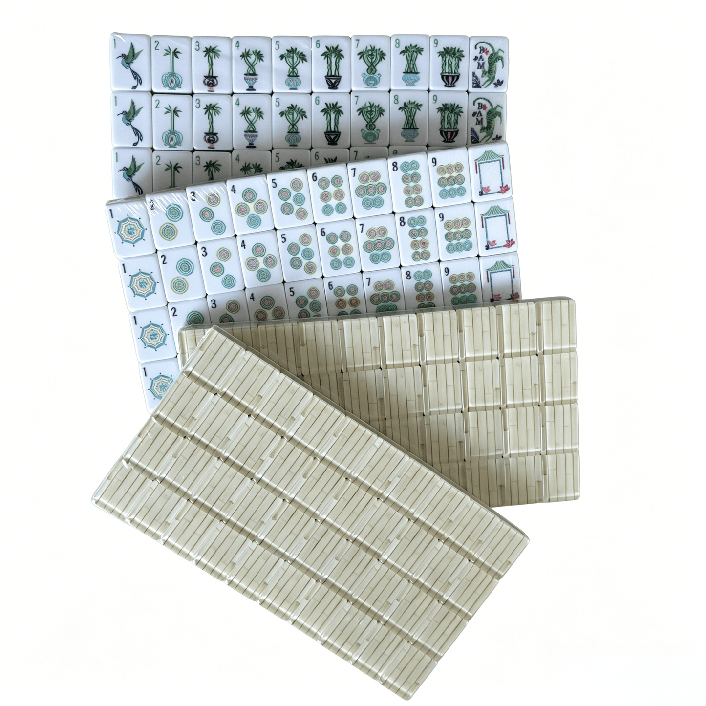 American Mahjong Set by USA Mahjong Co. with 160 weighted bamboo-grain tiles featuring textured ivory backs