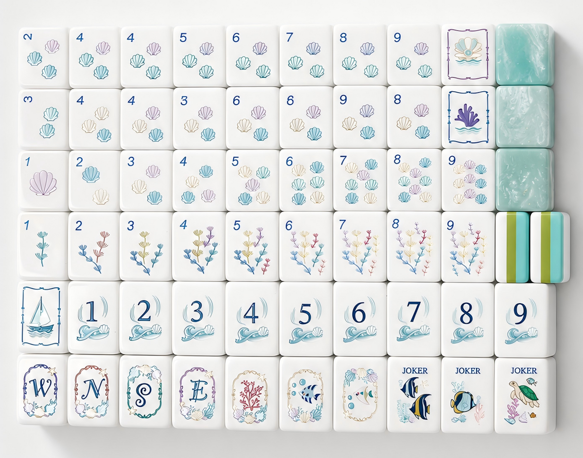 Flat top-down view of fully arranged Ocean Tide American mahjong tiles, custom nautical artwork including seashells, seaweed, sailboat and sea creature jokers, turquoise pearlescent tile backs with green-blue layered side stripes on clean white background