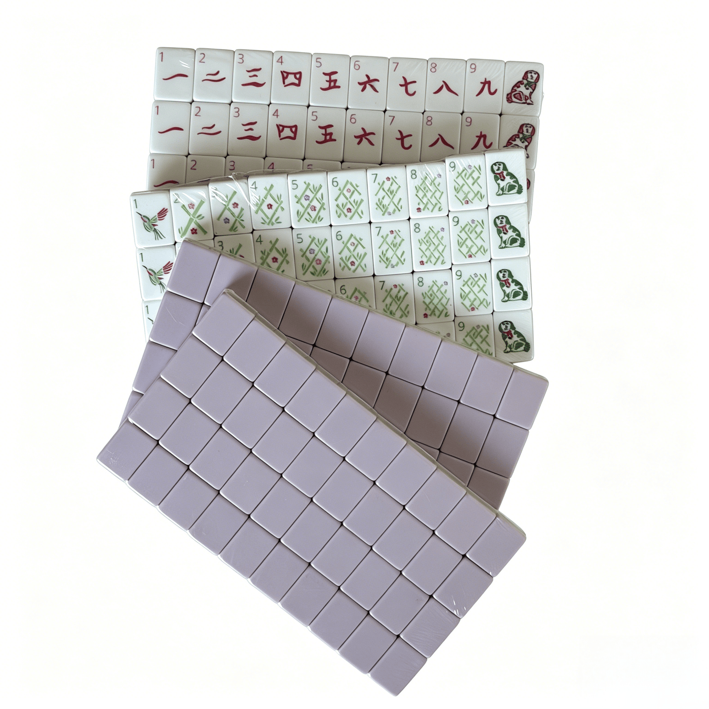 Modern American Mahjong Set by USA Mahjong Co. featuring 160 weighted tiles with soft lilac backs and Joker tiles.