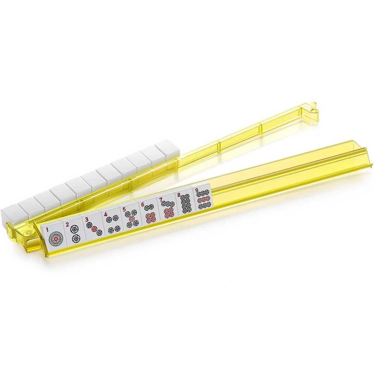 Yellow Acrylic Mahjong Rack with Integrated Pusher - All-in-One American Mahjong Tile Holder