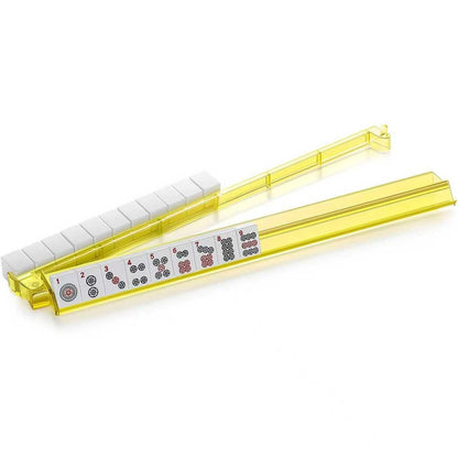 Yellow Acrylic Mahjong Rack with Integrated Pusher - All-in-One American Mahjong Tile Holder