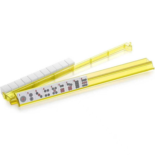 Yellow Acrylic Mahjong Rack with Integrated Pusher - All-in-One American Mahjong Tile Holder