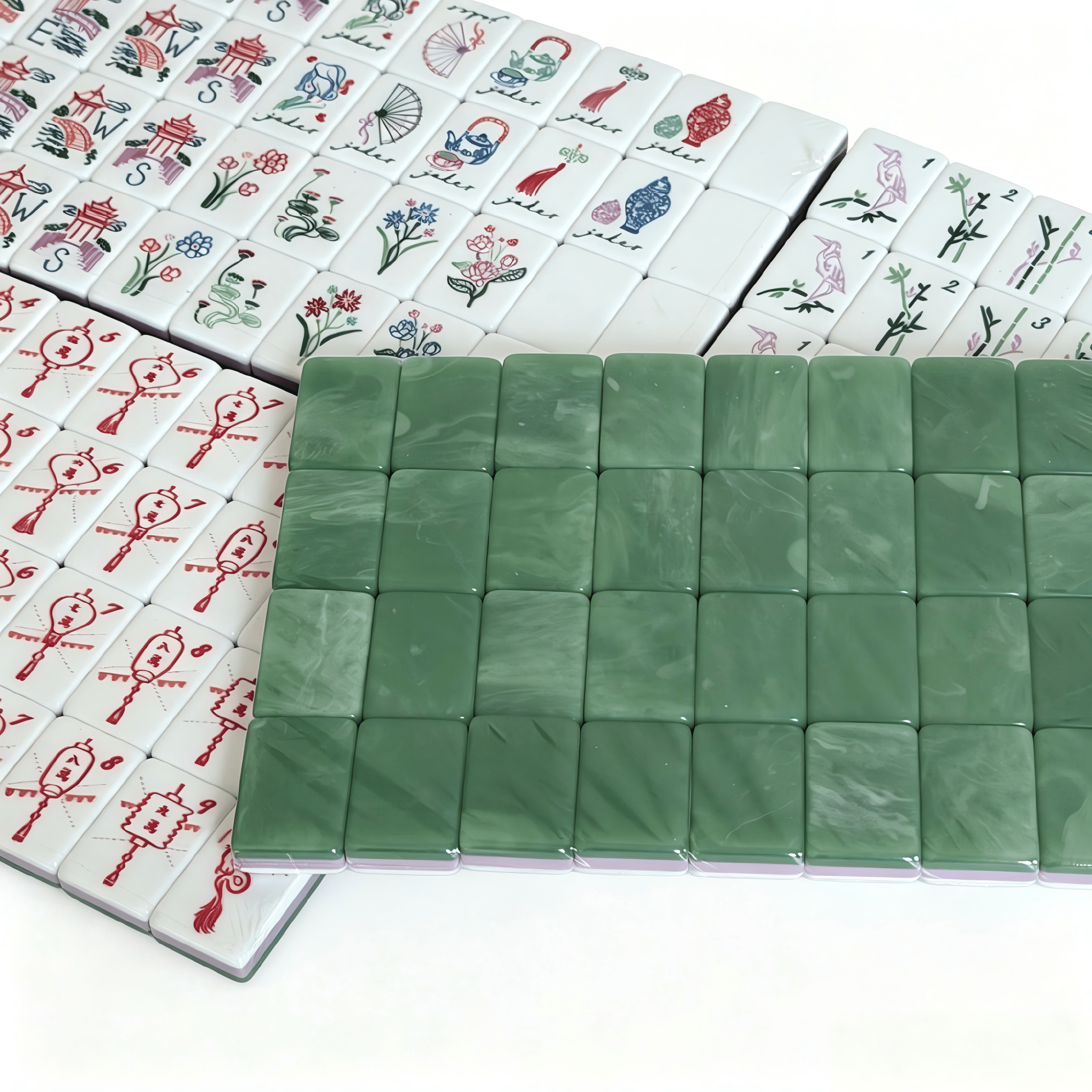 Detailed view of jade lantern mahjong tiles in translucent light green acrylic