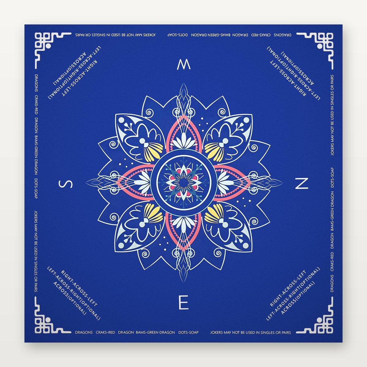 Deep blue American Mahjong Mat by USA Mahjong Co. featuring celestial compass design, 3mm thick non-slip rubber surface.