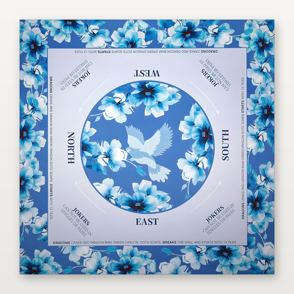 Light blue American Mahjong Mat by USA Mahjong Co. featuring non-slip 3mm rubber surface with elegant cerulean and kingfisher design.