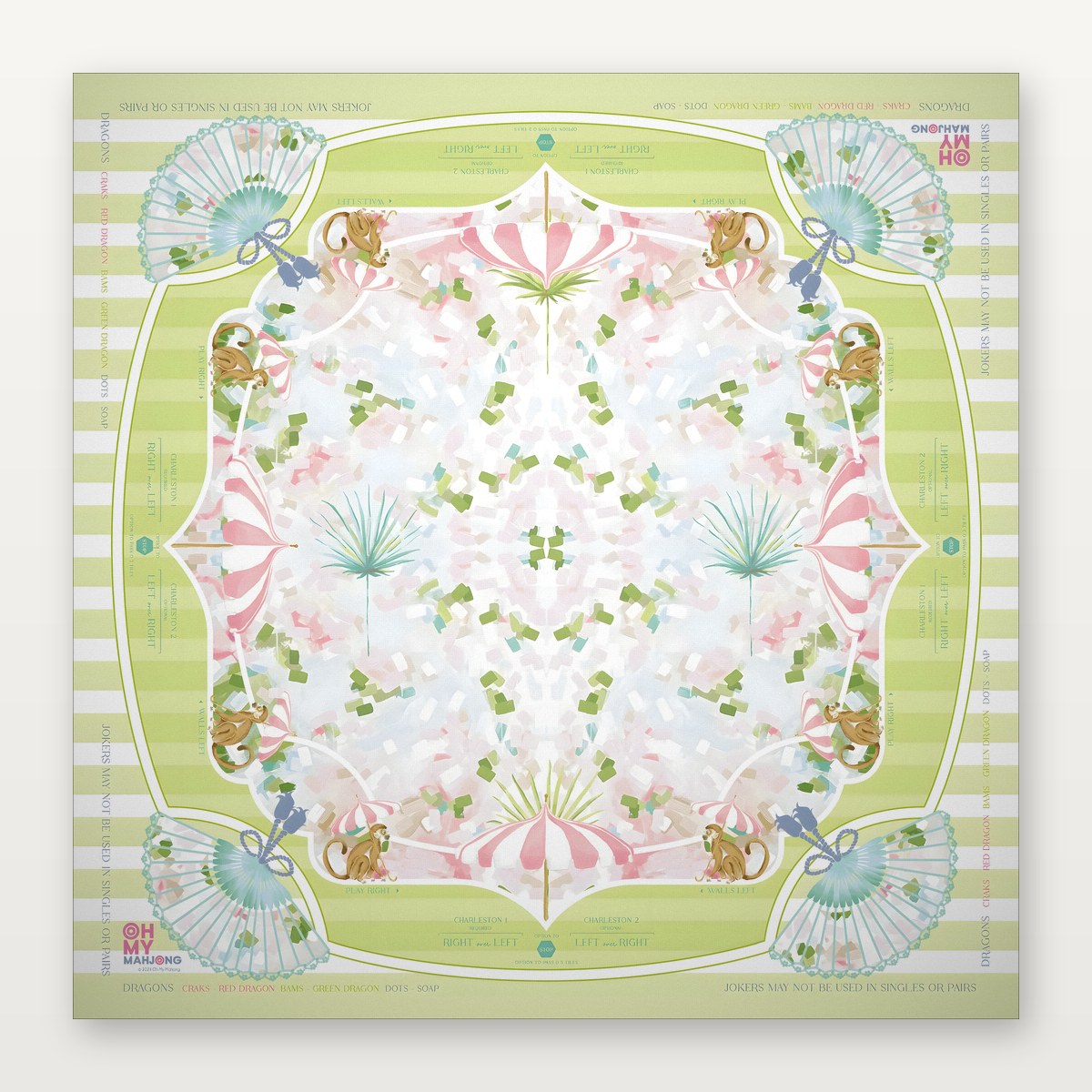 Yellow peony and retro floral Mahjong mat with citrus fan design, 800mm non-slip rubber surface from USA Mahjong Co.