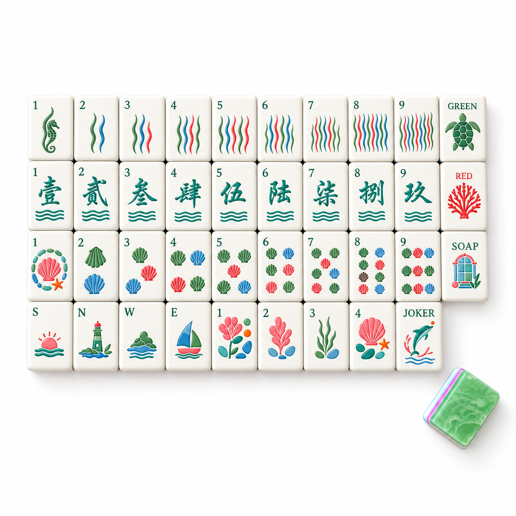 Angled close-up of Coastal Breeze mahjong tiles arranged on sandy beach surface, showcasing coral, seashell, dolphin joker custom art, pastel pink-blue-green striped tile sides