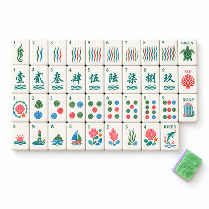Angled close-up of Coastal Breeze mahjong tiles arranged on sandy beach surface, showcasing coral, seashell, dolphin joker custom art, pastel pink-blue-green striped tile sides