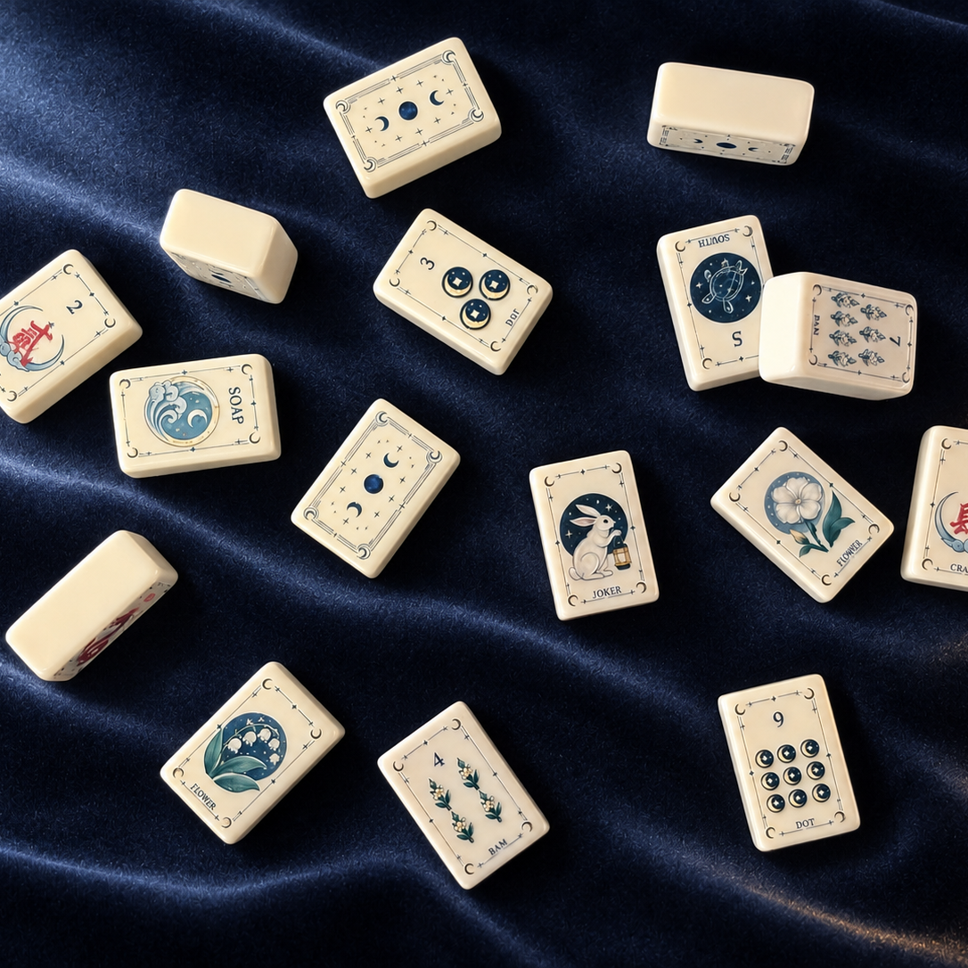 Overhead shot of scattered Moon Rabbit Tarot mahjong tiles on dark printed surface, showing celestial moon-star artwork, red dragon tiles, botanical flower tiles and moon rabbit joker