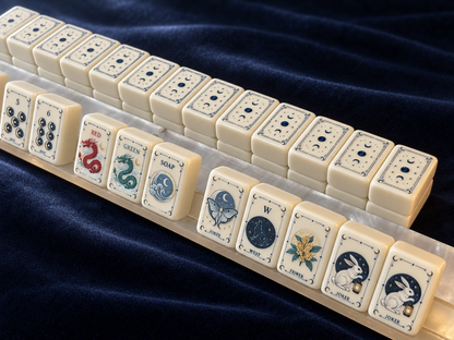 Top-down view of mixed Moon Rabbit Tarot mahjong tiles, cream ivory tiles with tarot card frame, moon and star motifs, wildflower, ocean wave and rabbit joker illustrations