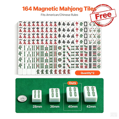 164 magnetic mahjong tiles for automatic mahjong table, tile size comparison chart, fits American and Chinese mahjong rules