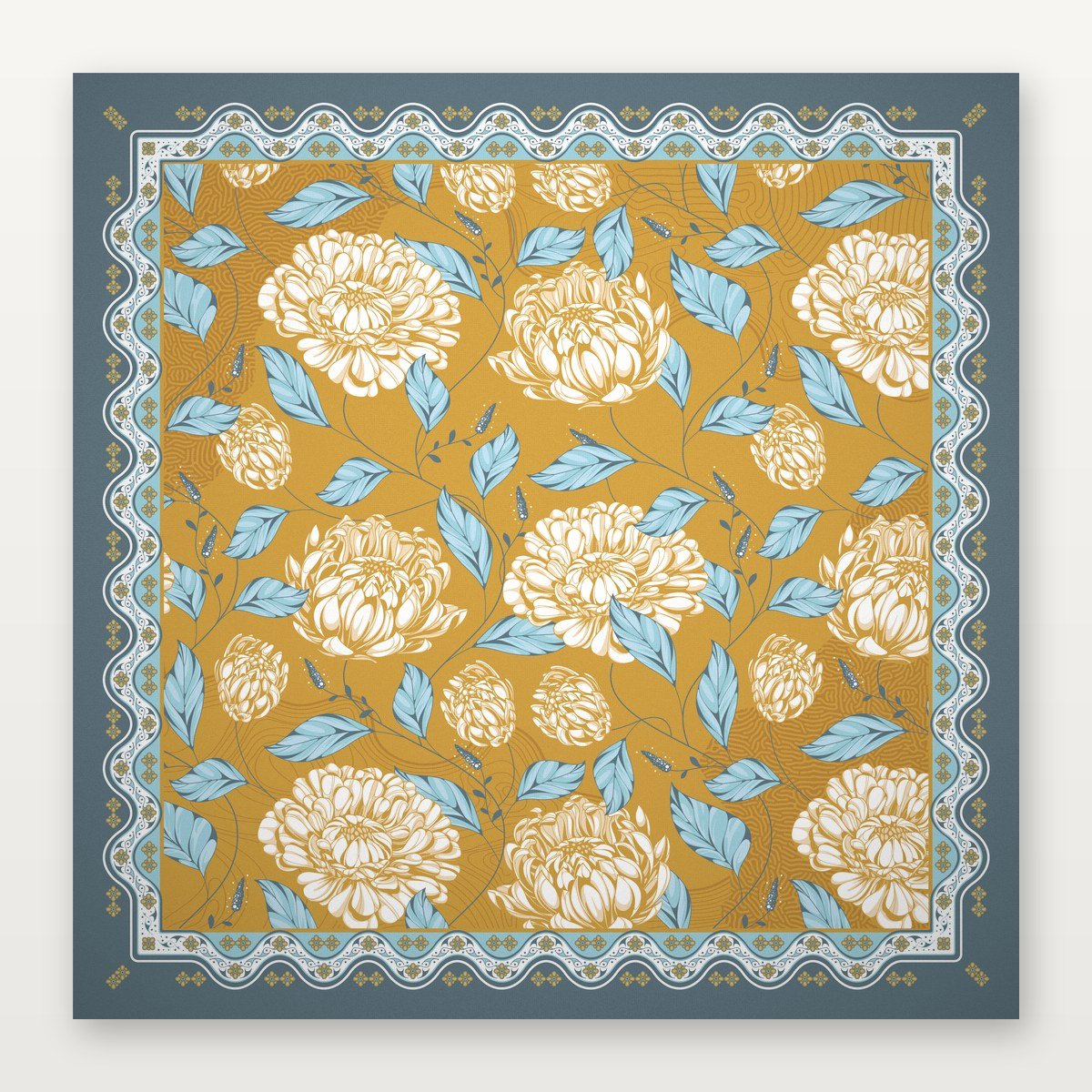 Yellow American Mahjong mat with golden peony design, 3mm non-slip rubber, from USA Mahjong Co.'s Retro Floral Collection.
