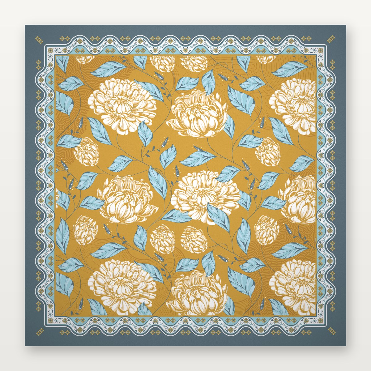Yellow American Mahjong mat with golden peony design, 3mm non-slip rubber, from USA Mahjong Co.'s Retro Floral Collection.