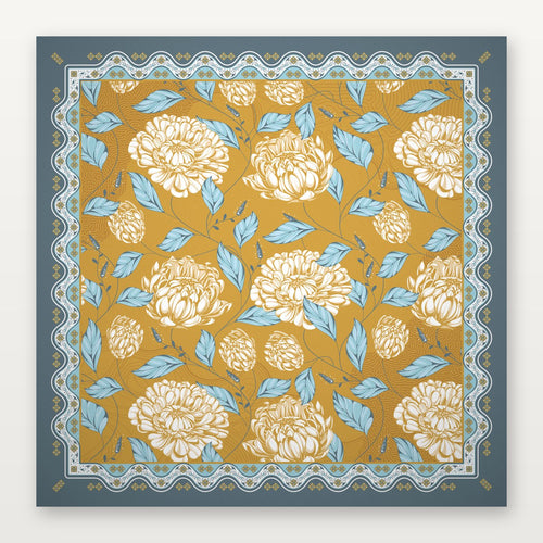 Yellow American Mahjong mat with golden peony design, 3mm non-slip rubber, from USA Mahjong Co.'s Retro Floral Collection.