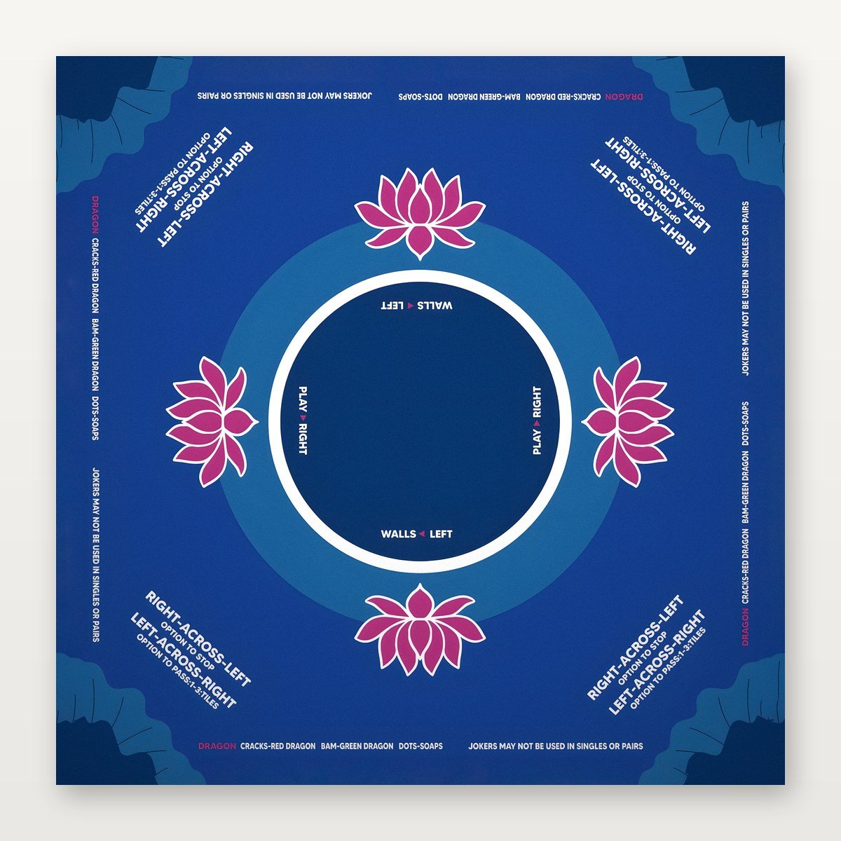 Deep blue American Mahjong Mat by USA Mahjong Co. featuring indigo lotus design, 3mm thick non-slip rubber for secure play.