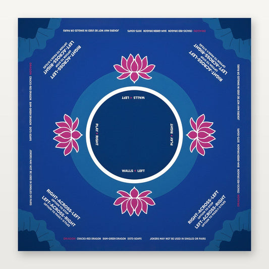 Deep blue American Mahjong Mat by USA Mahjong Co. featuring indigo lotus design, 3mm thick non-slip rubber for secure play.