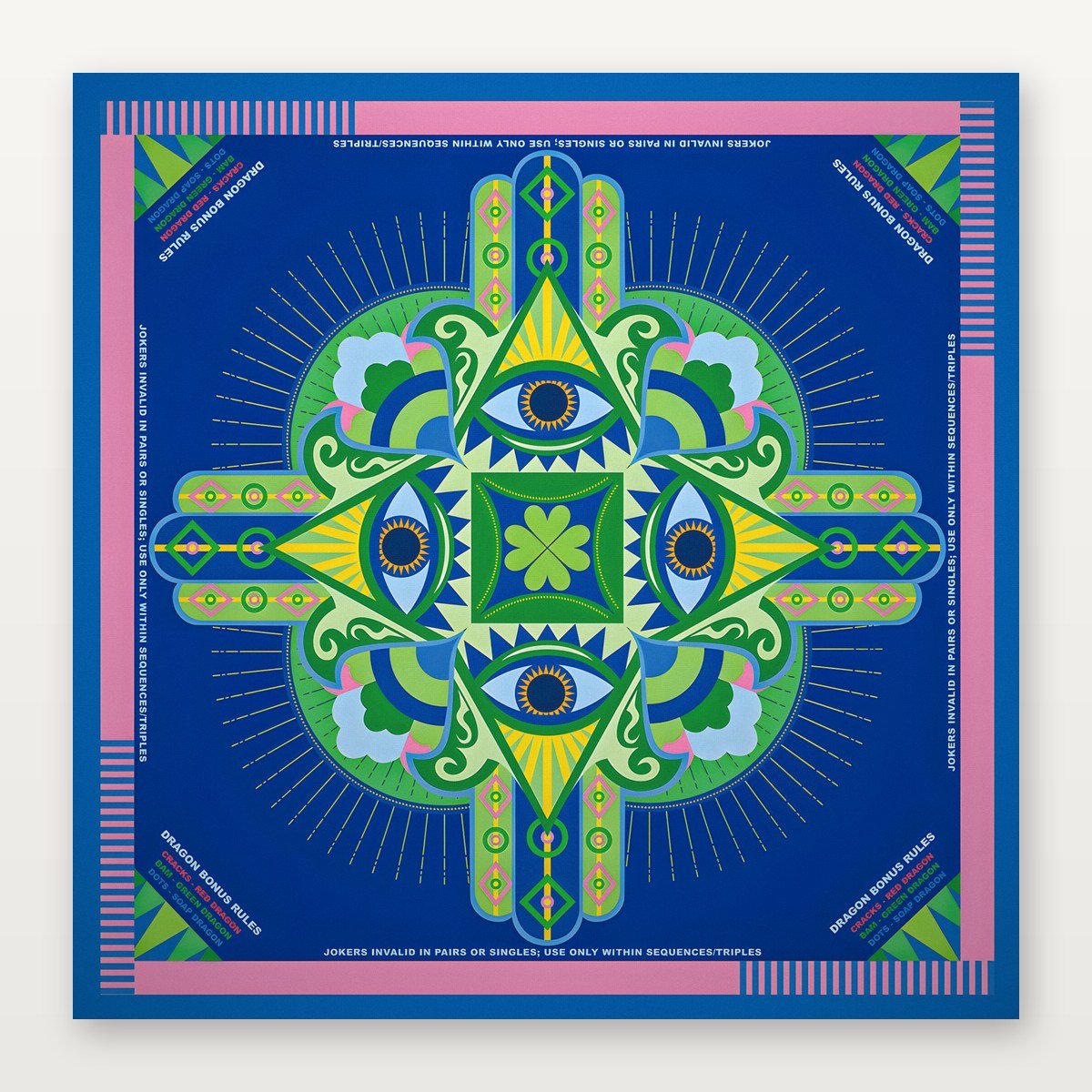 Deep blue American Mahjong mat by USA Mahjong Co., 3mm thick non-slip rubber with mystical evil eye design