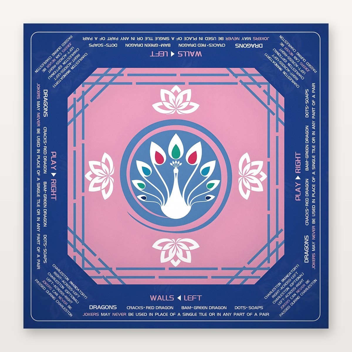Royal sapphire blue Mahjong mat by USA Mahjong Co. featuring peacock design, 3mm thick non-slip rubber